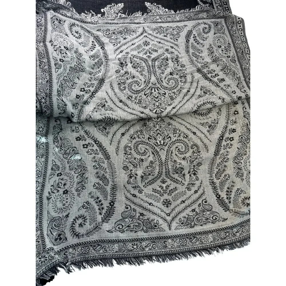 Paisley Pashmina Wrap Faux Fur Collar Black Fringe